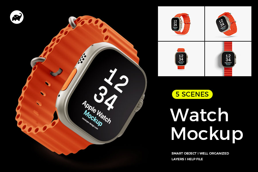 5款Apple Watch Ultra手表屏幕界面UI贴图PSD智能样机设计素材