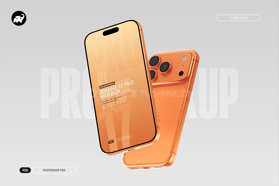 1款橙色iPhone17苹果Pro手机广告海报UI设计作品展示效果图ps样机-第Y0073期-
